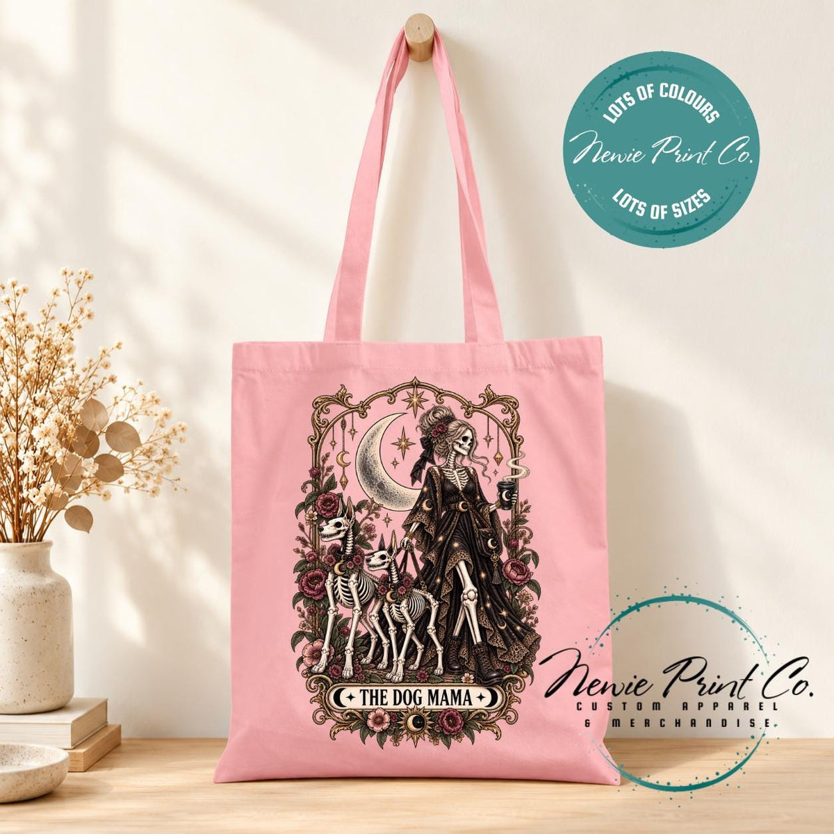 Dog Mama Gothic Tote Bag, Skeleton Tarot Lover Shopper, Witchy Dog Mum Gift, Alternative Book Bag