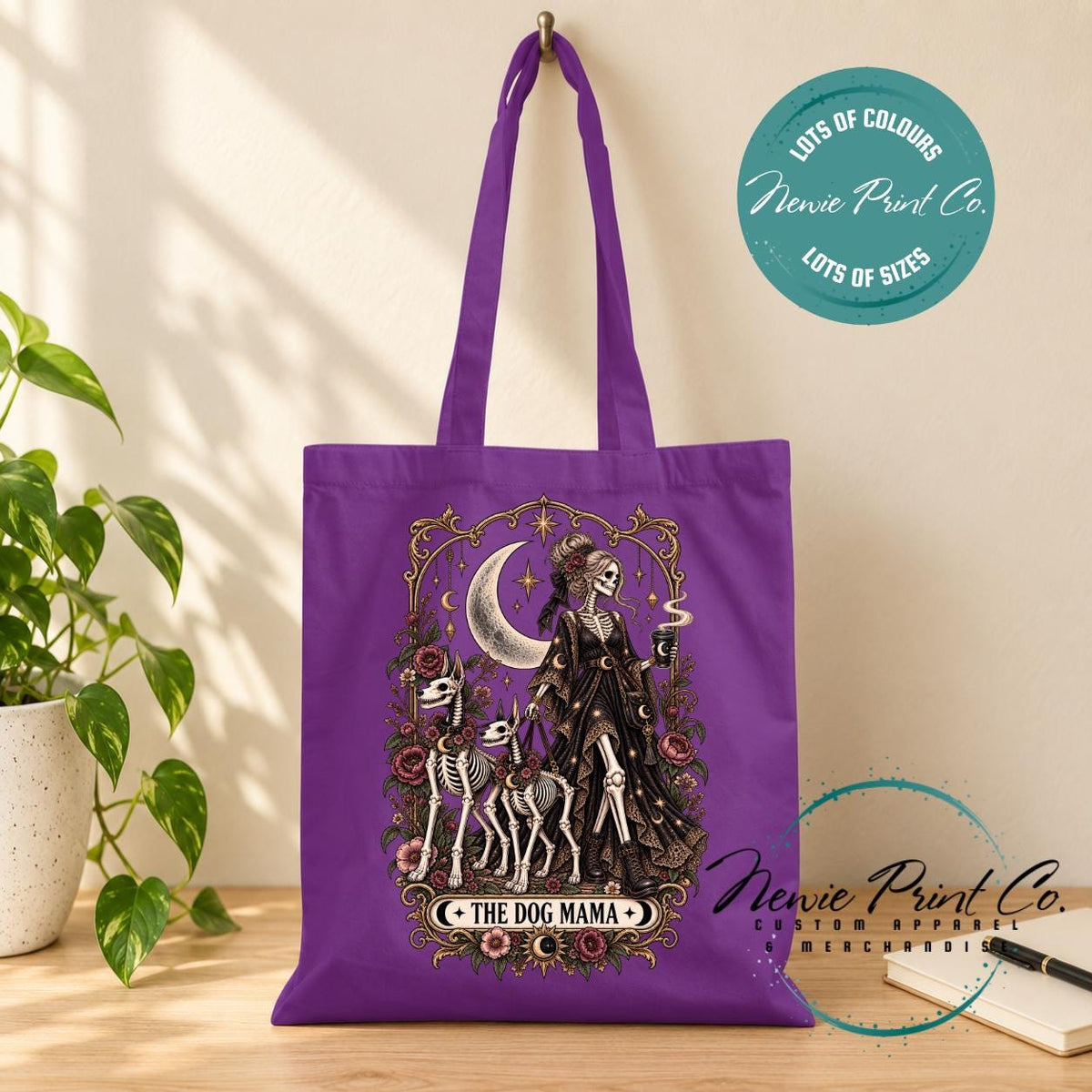 Dog Mama Gothic Tote Bag, Skeleton Tarot Lover Shopper, Witchy Dog Mum Gift, Alternative Book Bag