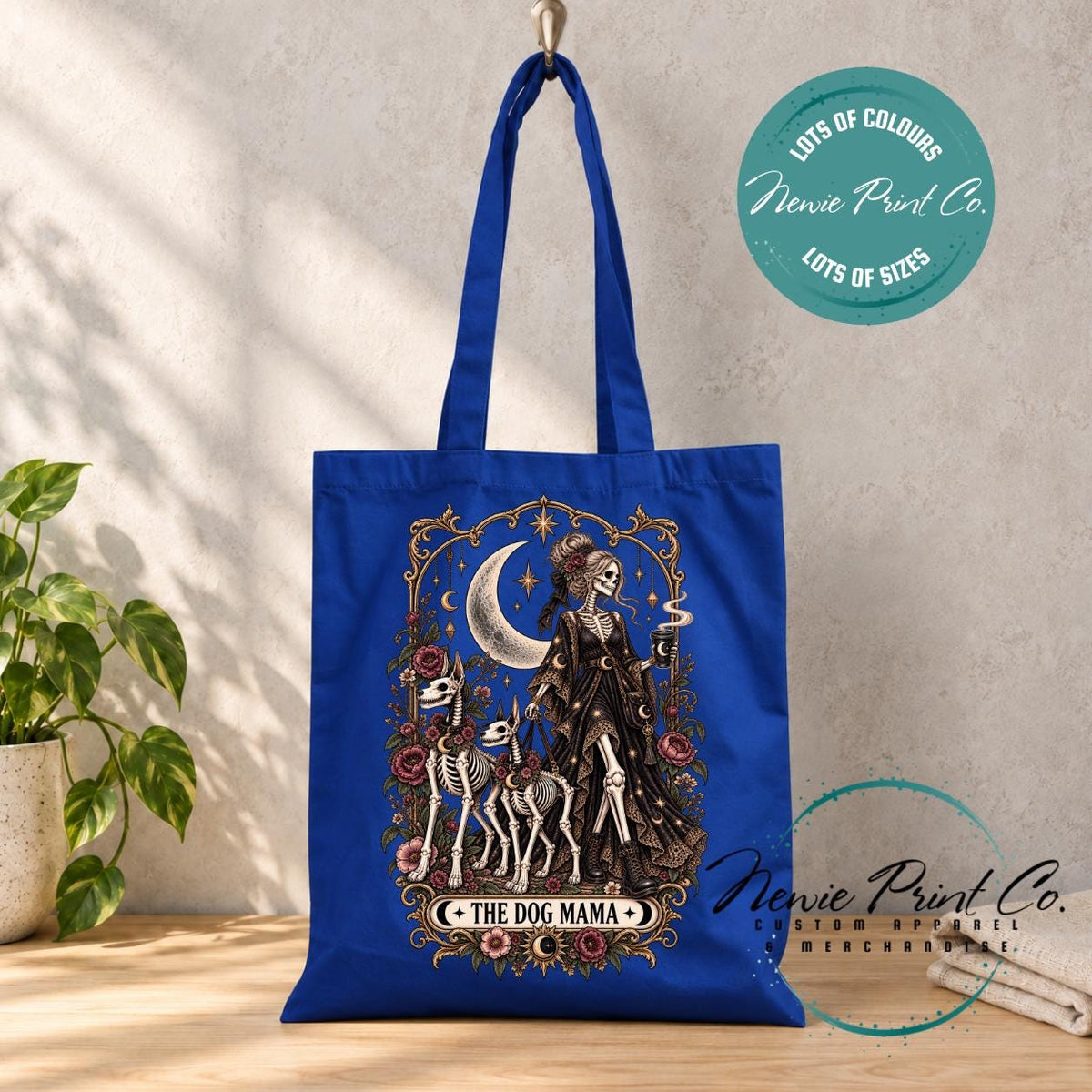 Dog Mama Gothic Tote Bag, Skeleton Tarot Lover Shopper, Witchy Dog Mum Gift, Alternative Book Bag