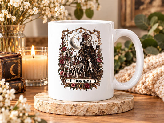Dog Mama Gothic Coffee Mug, Skeleton Doberman Dog Lover Cup, Witchy Dog Mum Gift, Alternative Dog Mom Mug