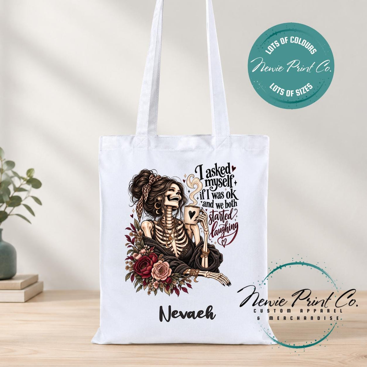 Funny Skeleton Tote Bag, Sarcastic Quote Shopper, Gothic Floral Book Bag, I Asked Myself If I Was OK, Funny Gift for Her