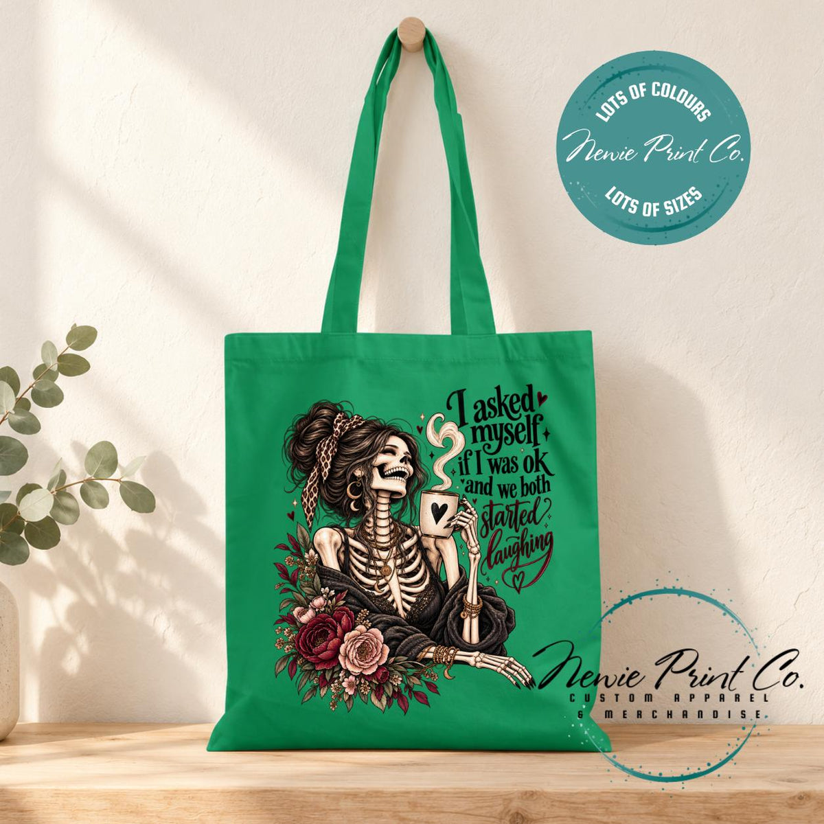 Funny Skeleton Tote Bag, Sarcastic Quote Shopper, Gothic Floral Book Bag, I Asked Myself If I Was OK, Funny Gift for Her