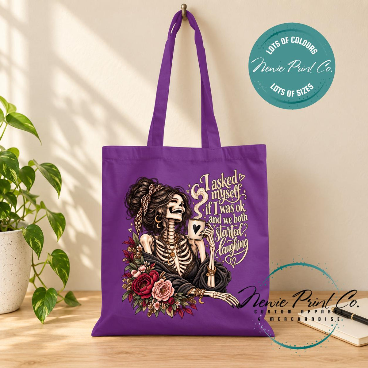 Funny Skeleton Tote Bag, Sarcastic Quote Shopper, Gothic Floral Book Bag, I Asked Myself If I Was OK, Funny Gift for Her