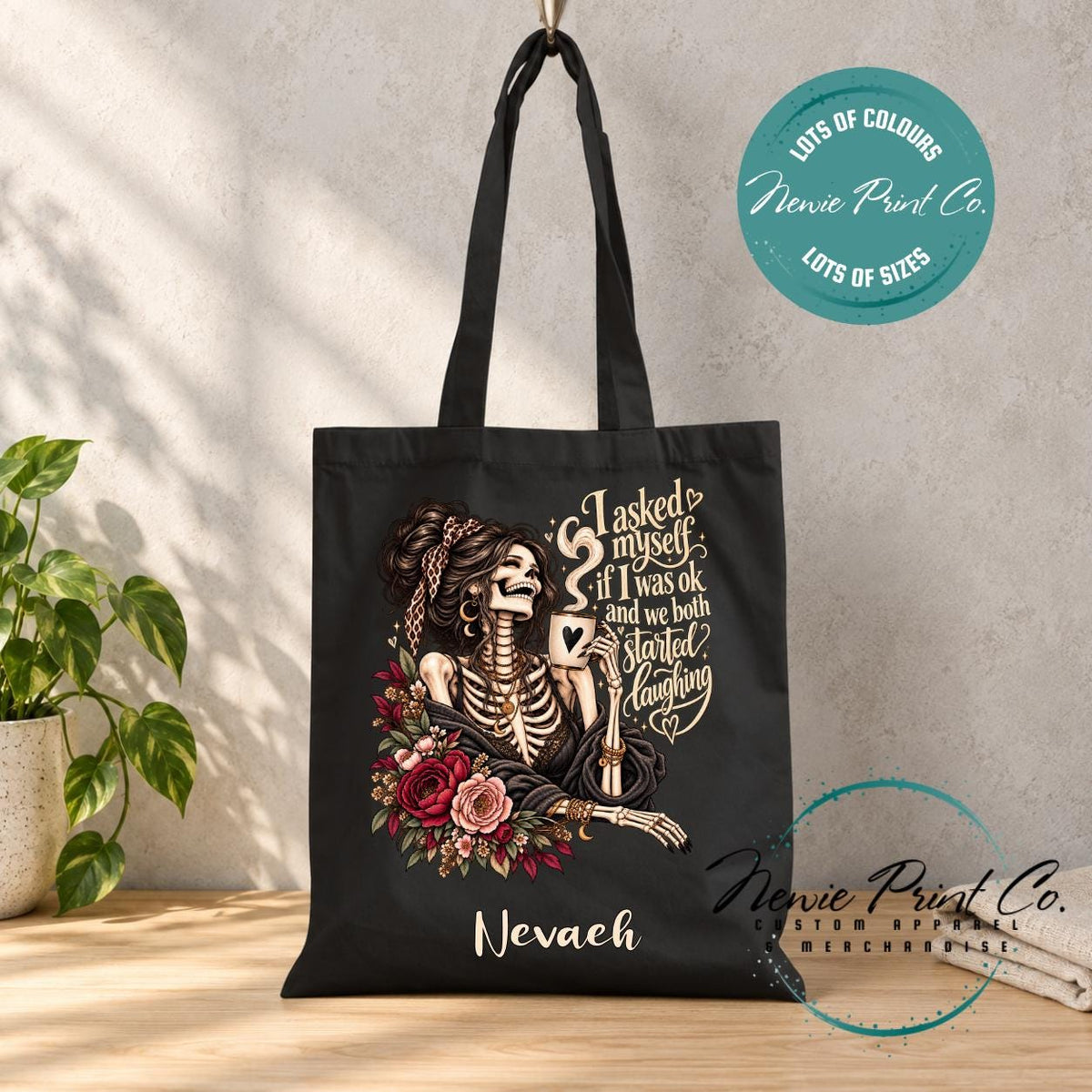 Funny Skeleton Tote Bag, Sarcastic Quote Shopper, Gothic Floral Book Bag, I Asked Myself If I Was OK, Funny Gift for Her