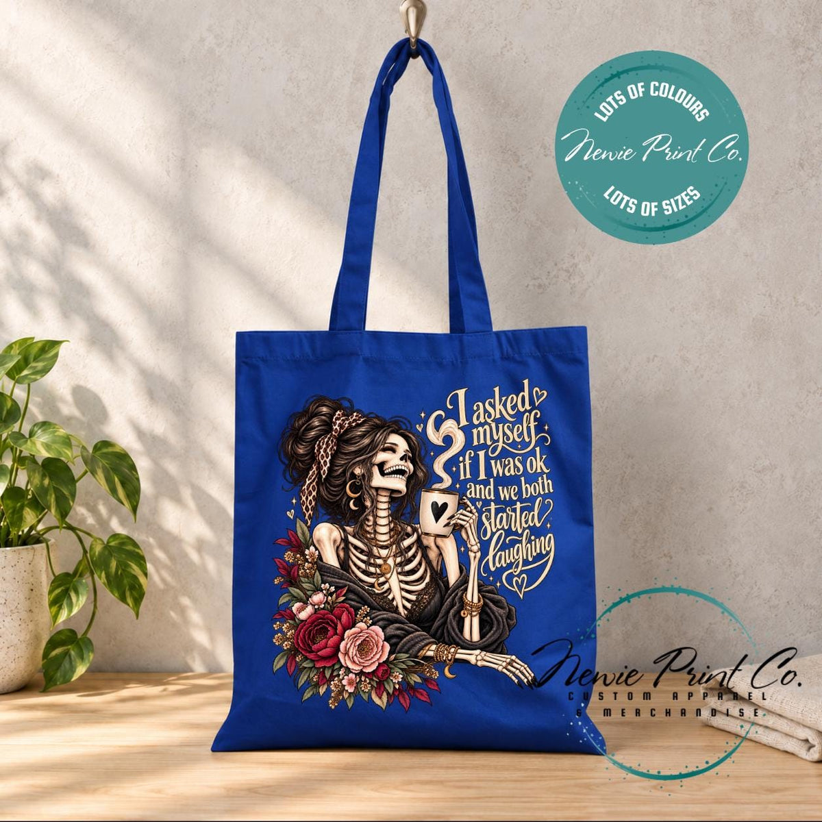 Funny Skeleton Tote Bag, Sarcastic Quote Shopper, Gothic Floral Book Bag, I Asked Myself If I Was OK, Funny Gift for Her