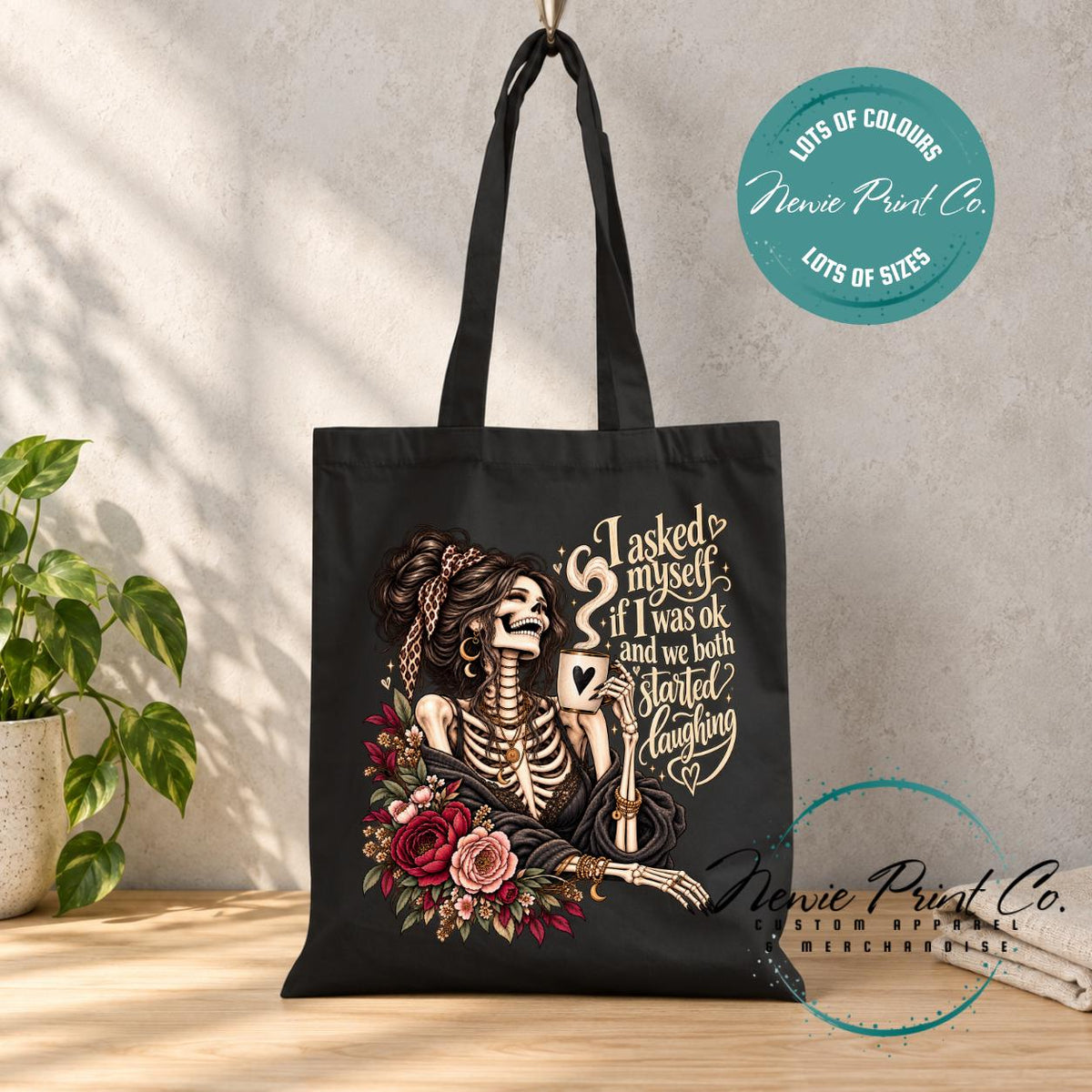 Funny Skeleton Tote Bag, Sarcastic Quote Shopper, Gothic Floral Book Bag, I Asked Myself If I Was OK, Funny Gift for Her