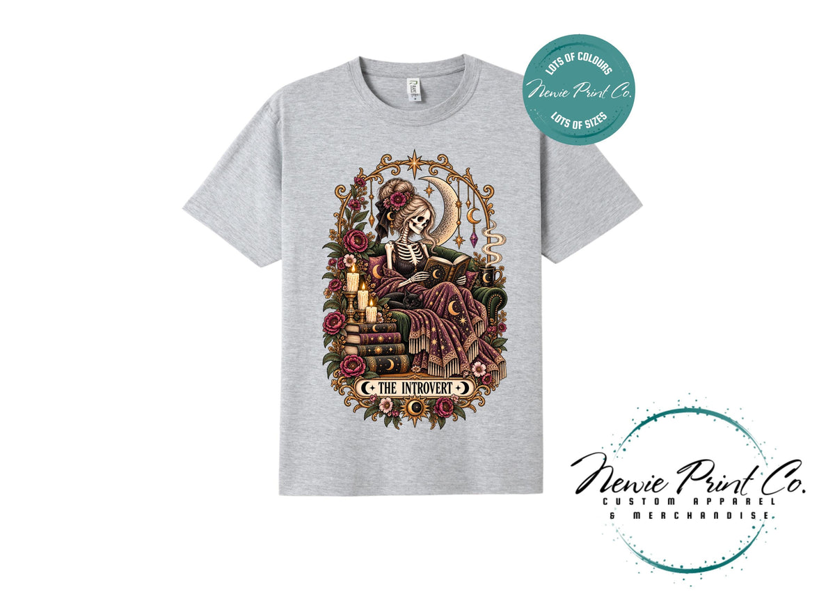Introvert Book Lover T-Shirt, Gothic Skeleton Reading Tee, Dark Academia Shirt, Witchy Bookish Graphic Tee, Gift for Readers