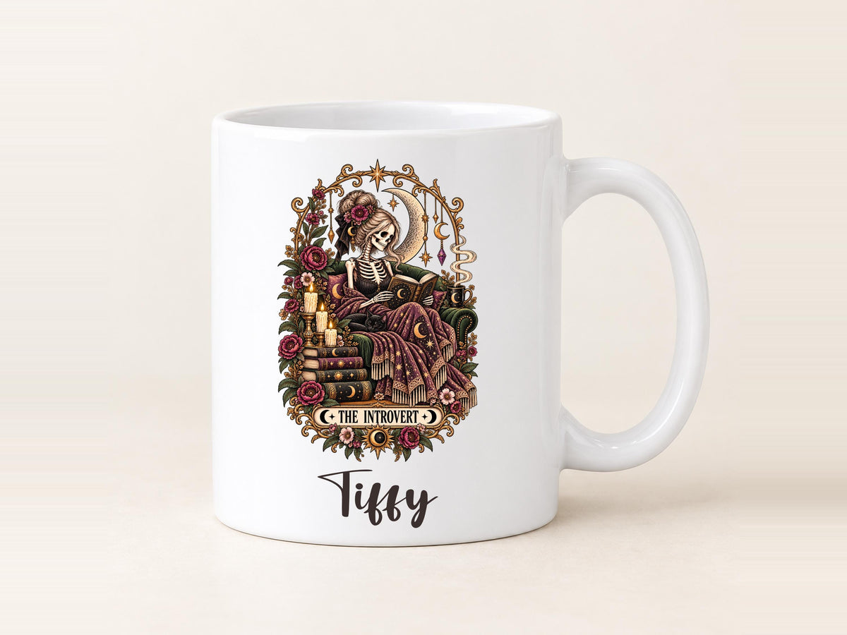 Personalised Introvert Mug, Gothic Book Lover Coffee Cup, Skeleton Reader Gift, Witchy Reading Mug, Dark Academia Gift for Her