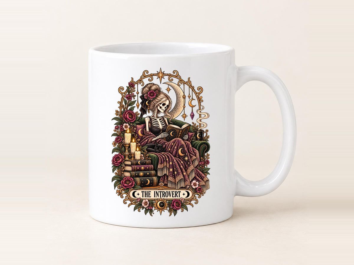 Personalised Introvert Mug, Gothic Book Lover Coffee Cup, Skeleton Reader Gift, Witchy Reading Mug, Dark Academia Gift for Her
