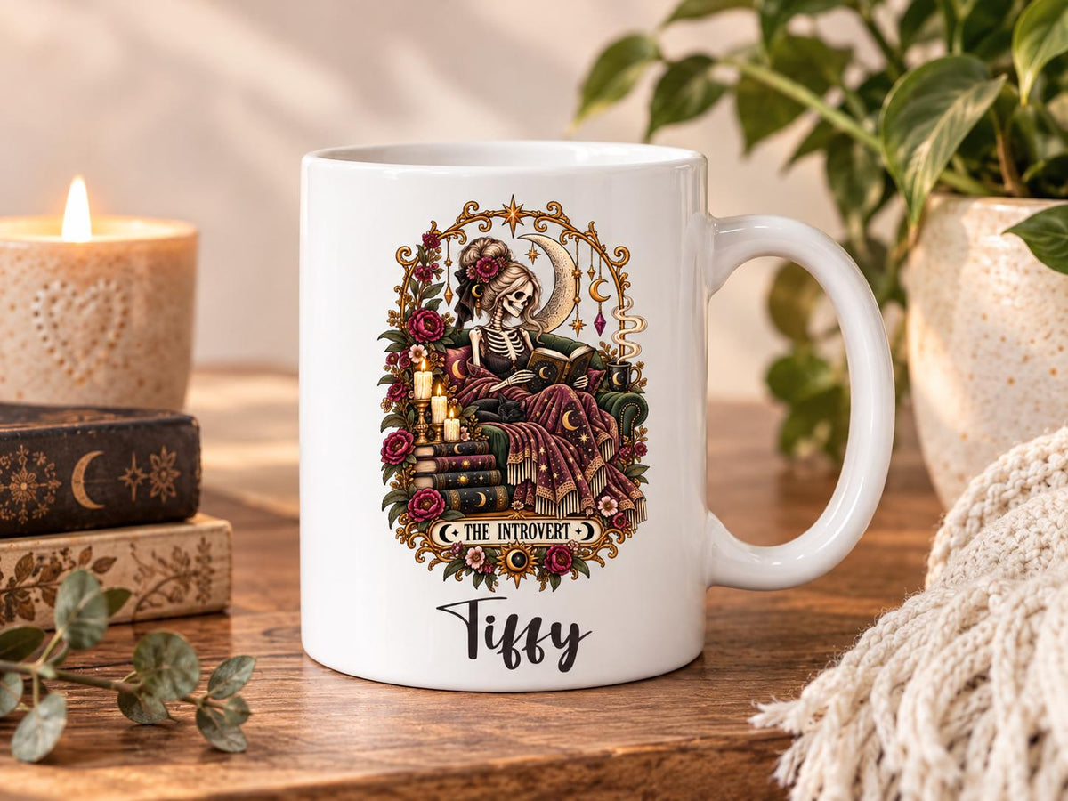 Personalised Introvert Mug, Gothic Book Lover Coffee Cup, Skeleton Reader Gift, Witchy Reading Mug, Dark Academia Gift for Her
