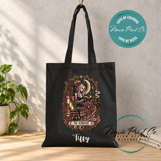 Introvert Book Lover Tote Bag, Gothic Skeleton Reading Bag, Witchy Bookish Tote, Dark Academia Library Bag, Personalised Reader Gift