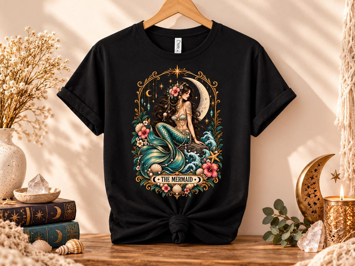 Mermaid Tarot T-Shirt, Vintage Celestial Graphic Tee, Boho Ocean Lover Shirt, Mystical Mermaid Gift
