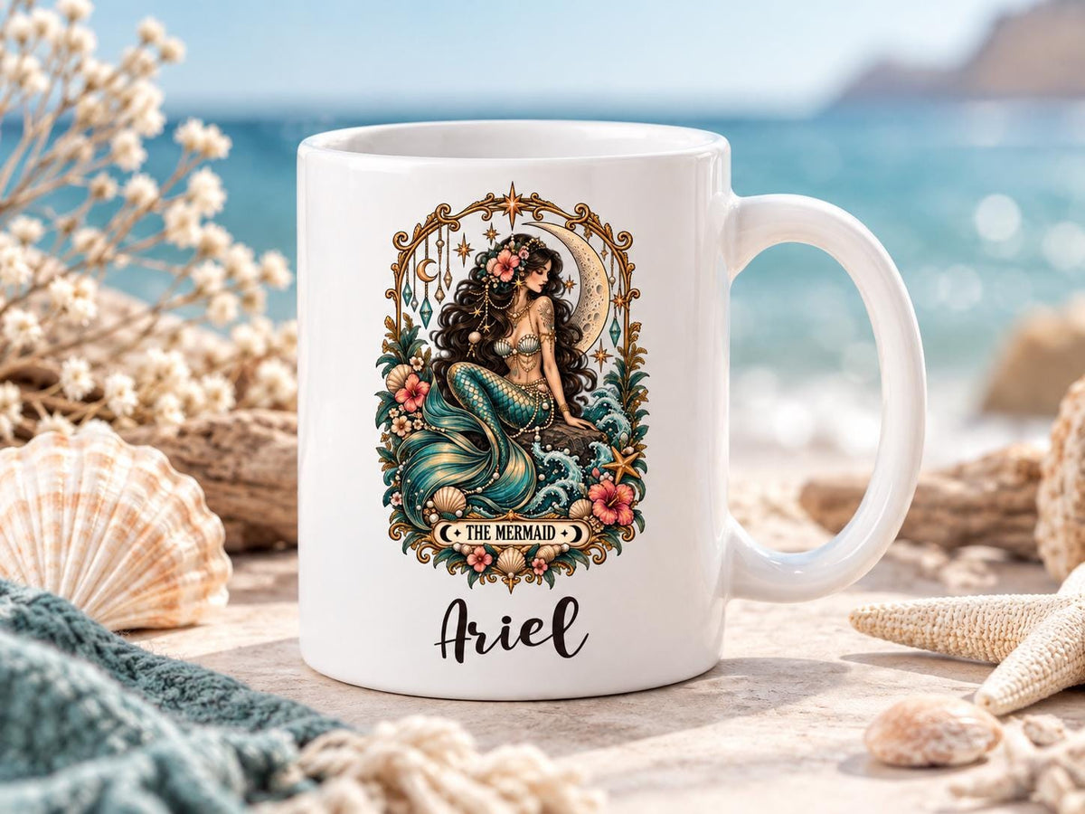 Mermaid Tarot Coffee Mug, Celestial Ocean Lover Cup, Mystical Mermaid Gift, Boho Coastal Coffee Cup
