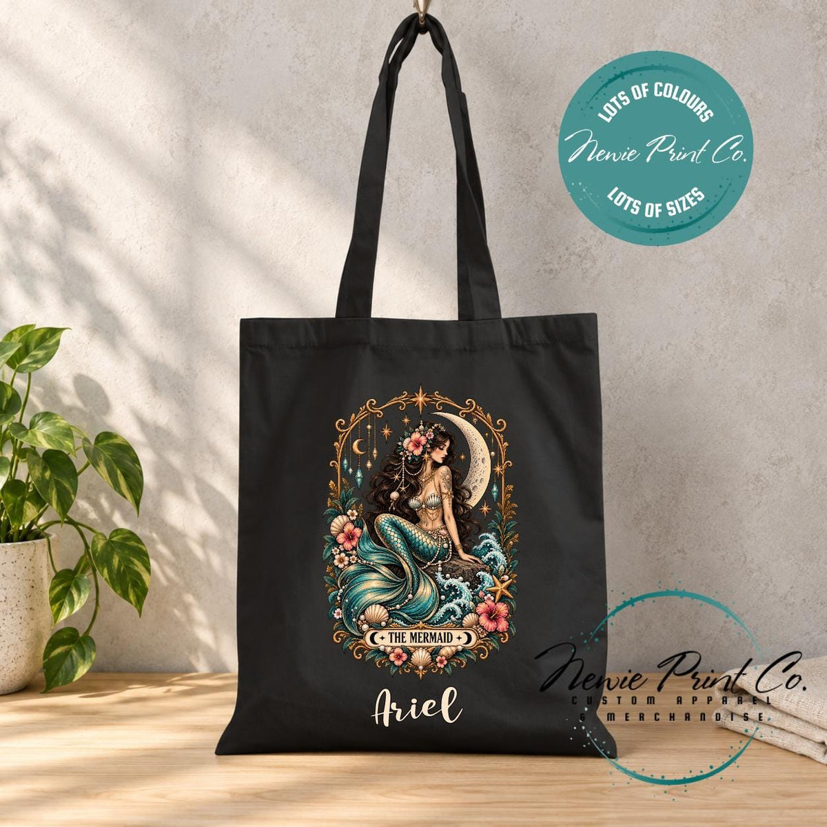 Mermaid Tarot Tote Bag, Celestial Ocean Lover Shopper, Boho Coastal Book Bag, Mystical Mermaid Gift