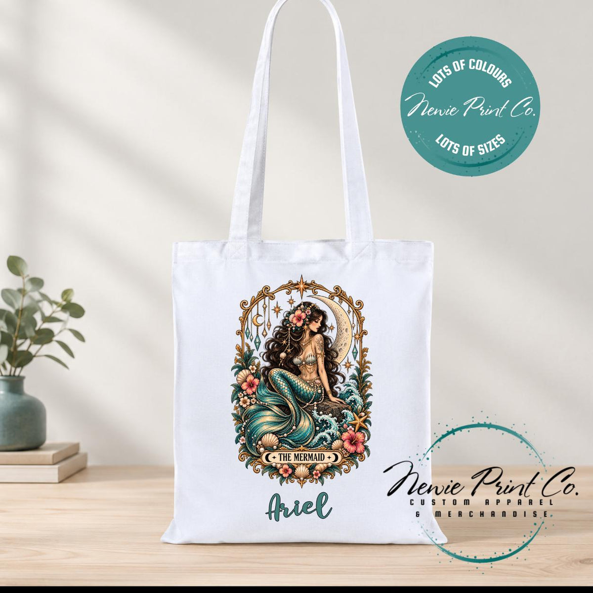 Mermaid Tarot Tote Bag, Celestial Ocean Lover Shopper, Boho Coastal Book Bag, Mystical Mermaid Gift