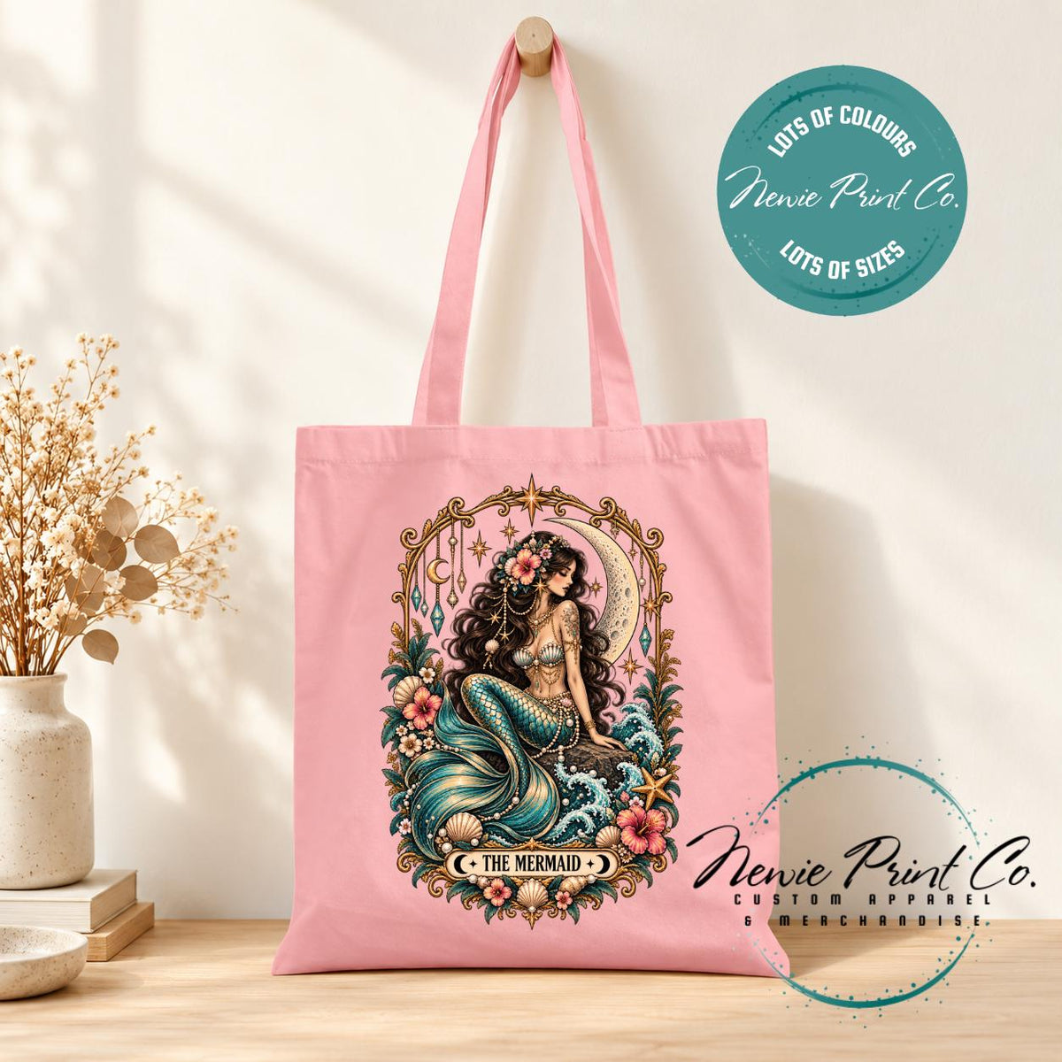 Mermaid Tarot Tote Bag, Celestial Ocean Lover Shopper, Boho Coastal Book Bag, Mystical Mermaid Gift
