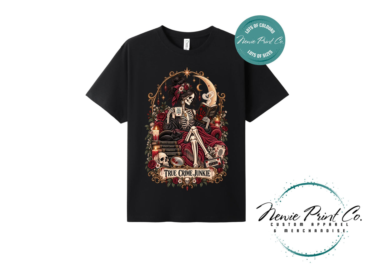 True Crime Junkie T-Shirt | Gothic Tarot Skeleton Tee | True Crime Podcast Lover Gift | Witchy Graphic Shirt | Dark Academia Clothing