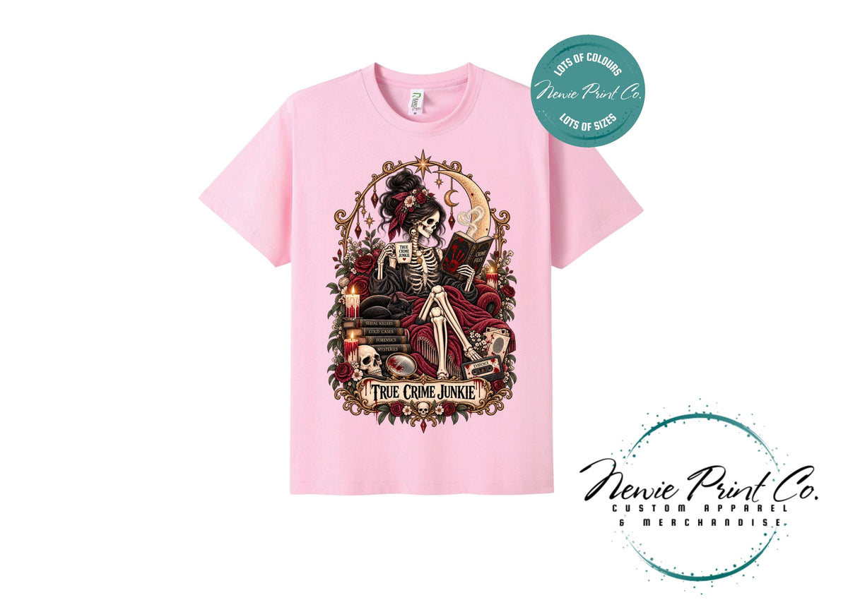 True Crime Junkie T-Shirt | Gothic Tarot Skeleton Tee | True Crime Podcast Lover Gift | Witchy Graphic Shirt | Dark Academia Clothing