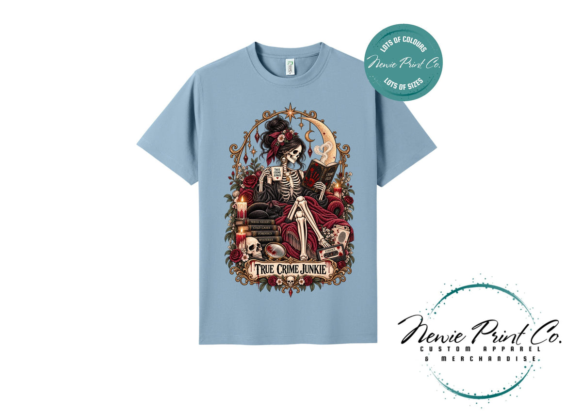 True Crime Junkie T-Shirt | Gothic Tarot Skeleton Tee | True Crime Podcast Lover Gift | Witchy Graphic Shirt | Dark Academia Clothing