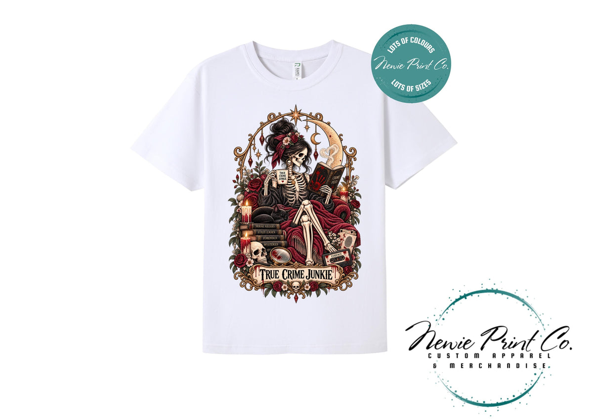 True Crime Junkie T-Shirt | Gothic Tarot Skeleton Tee | True Crime Podcast Lover Gift | Witchy Graphic Shirt | Dark Academia Clothing