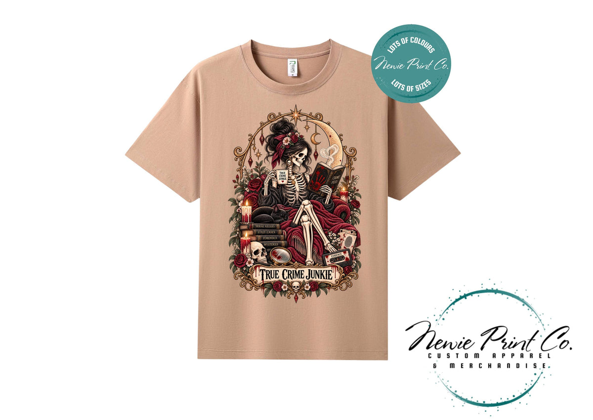 True Crime Junkie T-Shirt | Gothic Tarot Skeleton Tee | True Crime Podcast Lover Gift | Witchy Graphic Shirt | Dark Academia Clothing