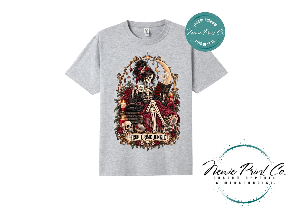 True Crime Junkie T-Shirt | Gothic Tarot Skeleton Tee | True Crime Podcast Lover Gift | Witchy Graphic Shirt | Dark Academia Clothing