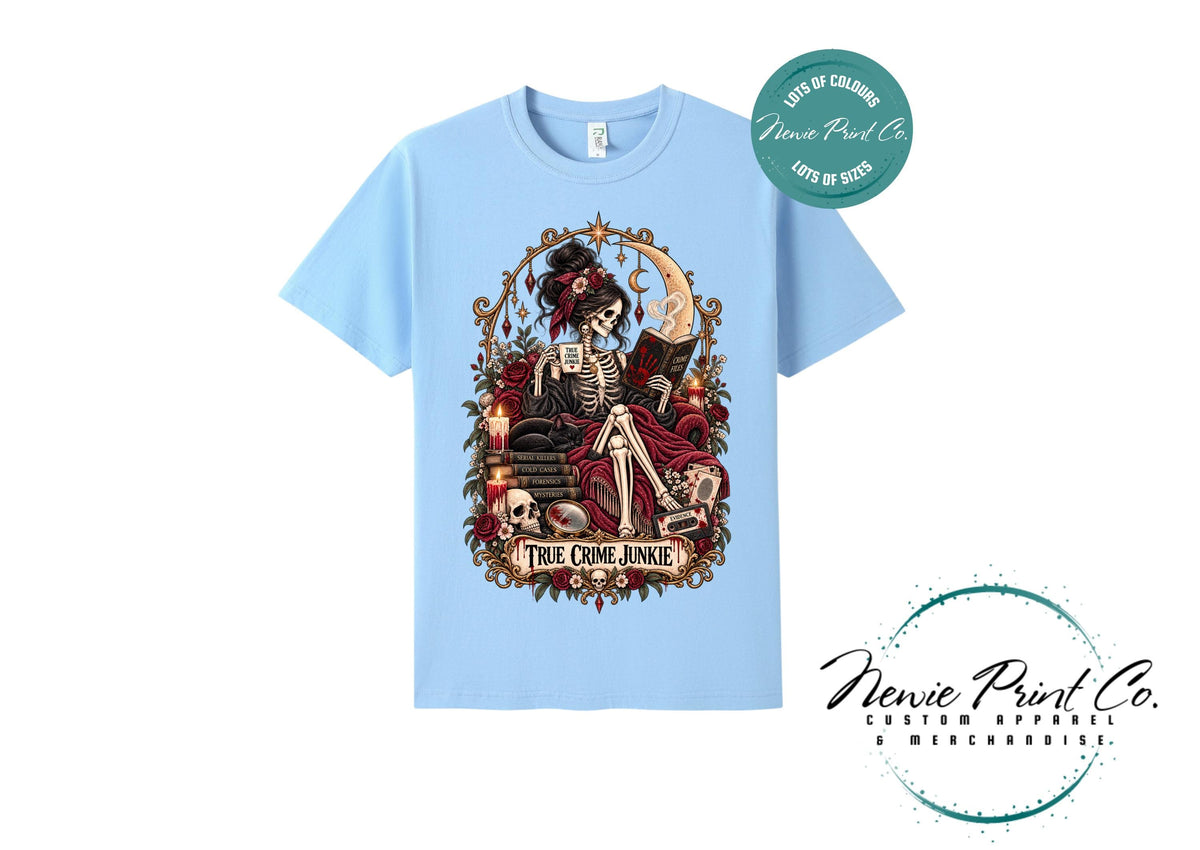 True Crime Junkie T-Shirt | Gothic Tarot Skeleton Tee | True Crime Podcast Lover Gift | Witchy Graphic Shirt | Dark Academia Clothing