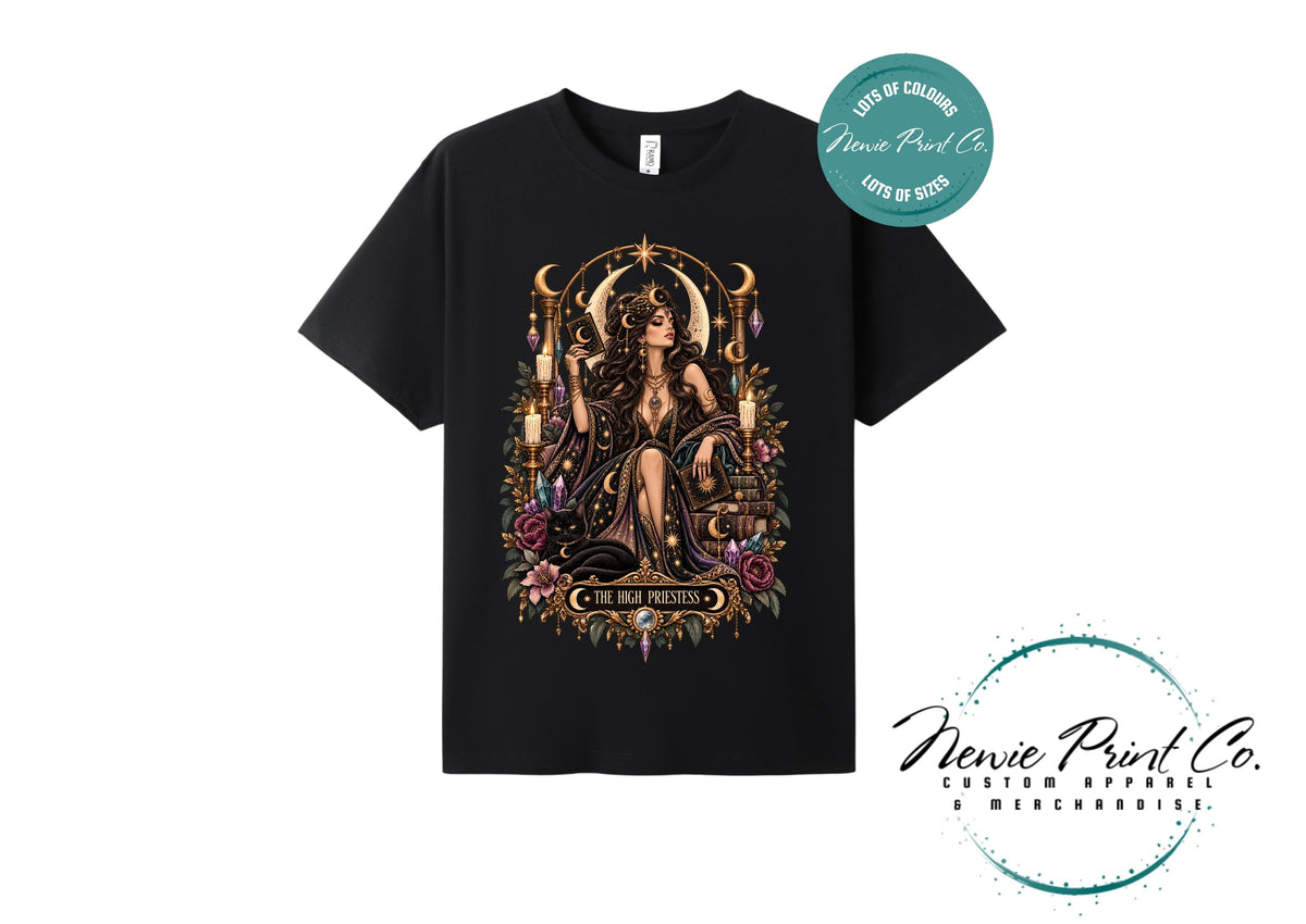 High Priestess Tarot T-Shirt, Witchy Graphic Tee, Gothic Celestial Shirt, Dark Academia Clothing, Mystical Gift for Her