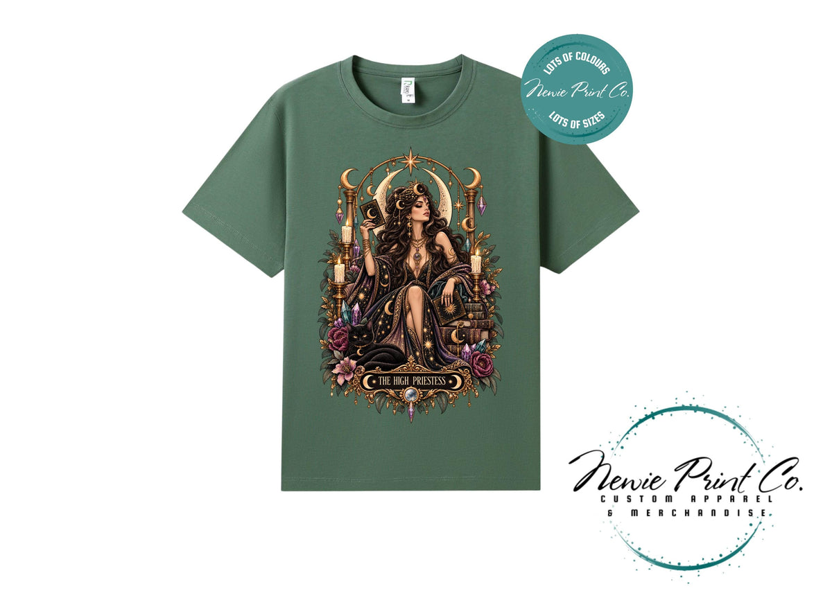 High Priestess Tarot T-Shirt, Witchy Graphic Tee, Gothic Celestial Shirt, Dark Academia Clothing, Mystical Gift for Her