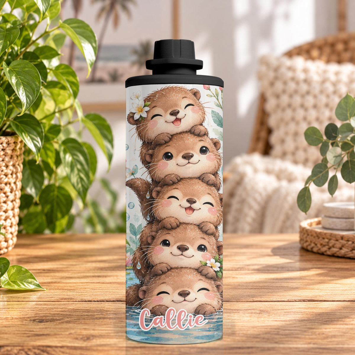 Personalised Otter Water Bottle, Insulated Kids Drink Bottle, Cute Otter Gift, Custom Name Stainless Steel Bottle, 20oz 24oz