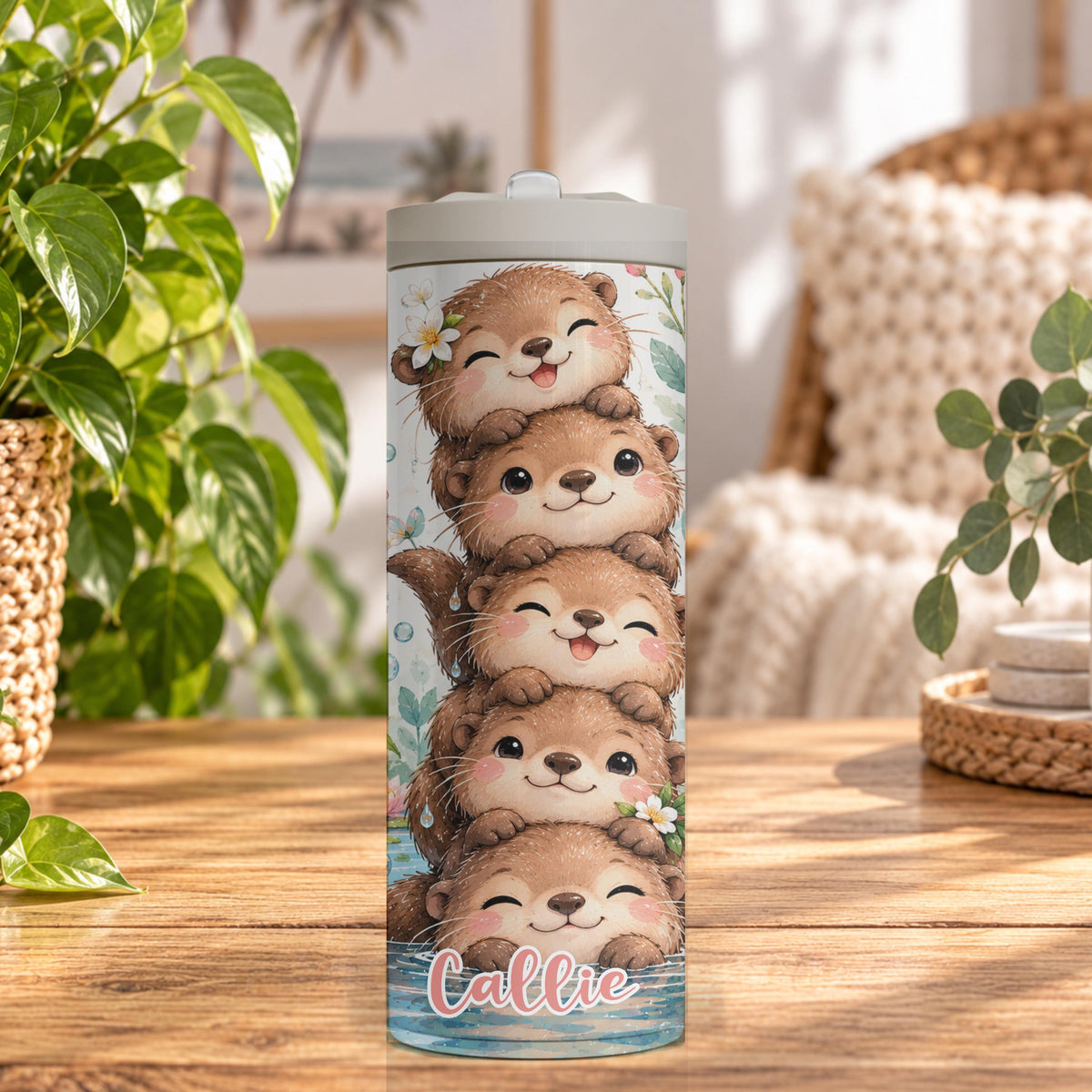 Personalised Otter Water Bottle, Insulated Kids Drink Bottle, Cute Otter Gift, Custom Name Stainless Steel Bottle, 20oz 24oz