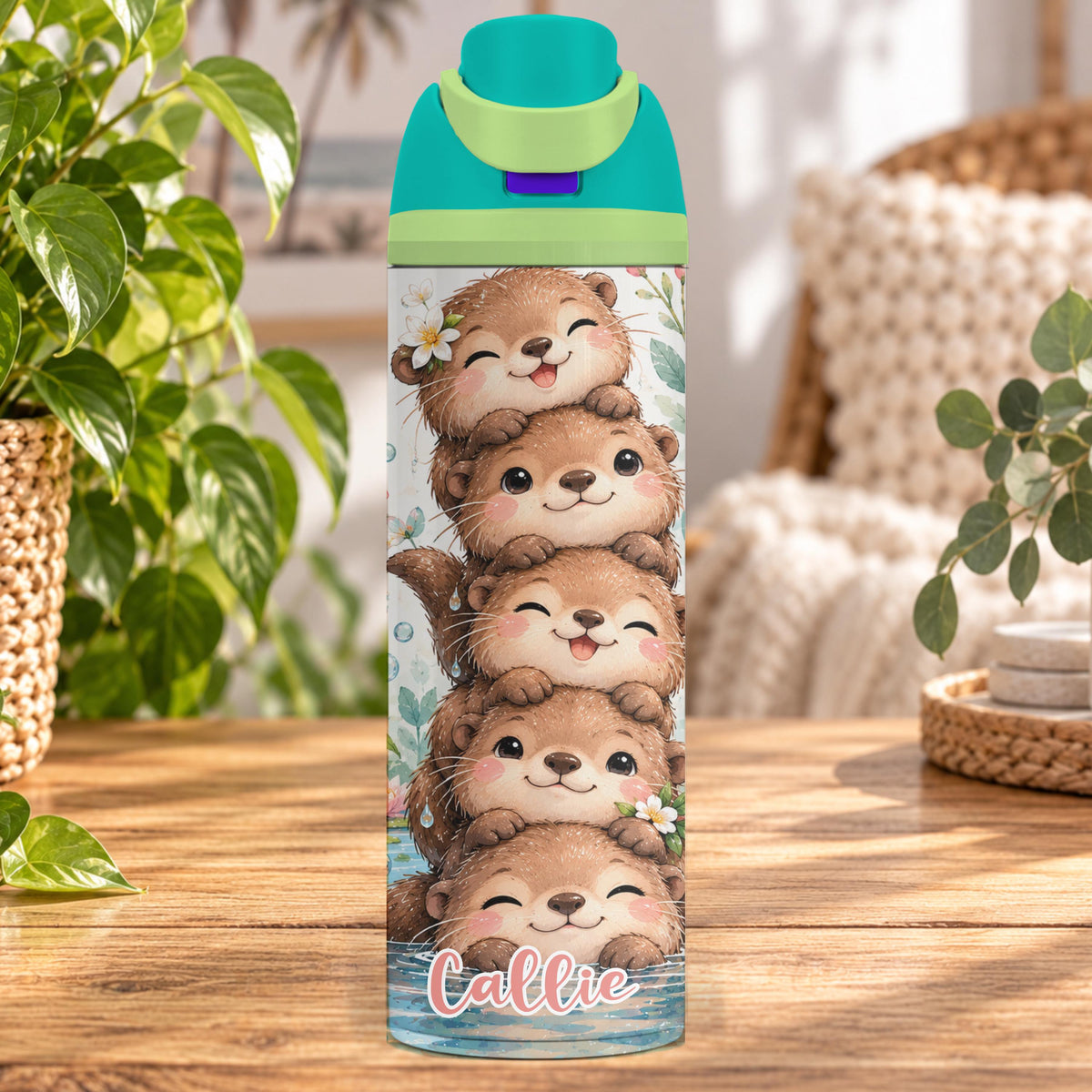Personalised Otter Water Bottle, Insulated Kids Drink Bottle, Cute Otter Gift, Custom Name Stainless Steel Bottle, 20oz 24oz