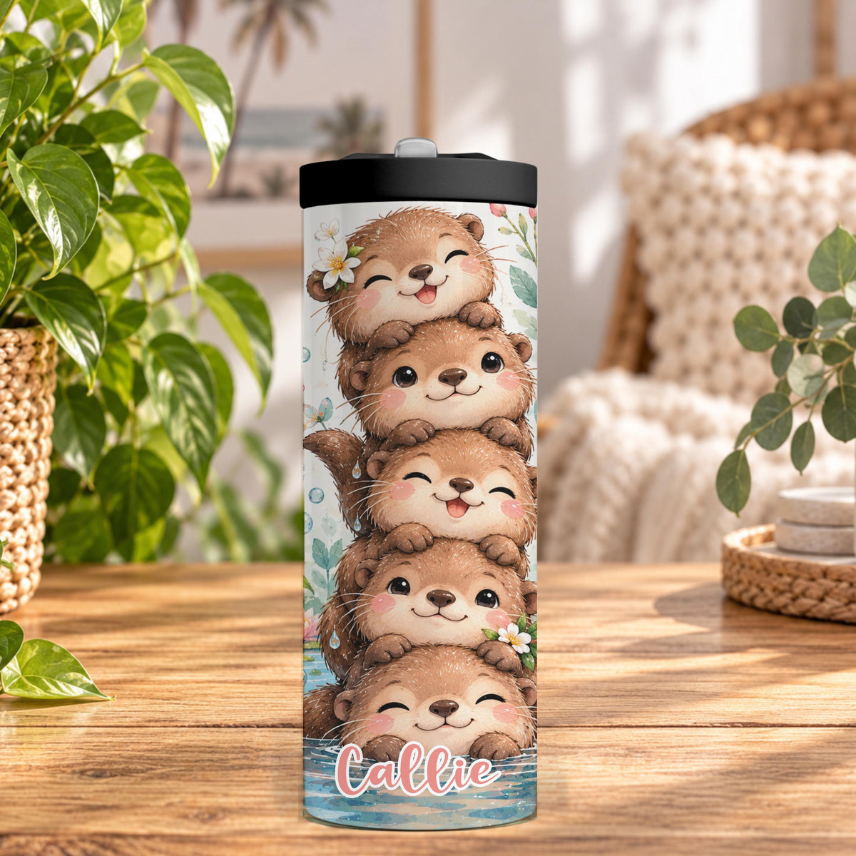 Personalised Otter Water Bottle, Insulated Kids Drink Bottle, Cute Otter Gift, Custom Name Stainless Steel Bottle, 20oz 24oz