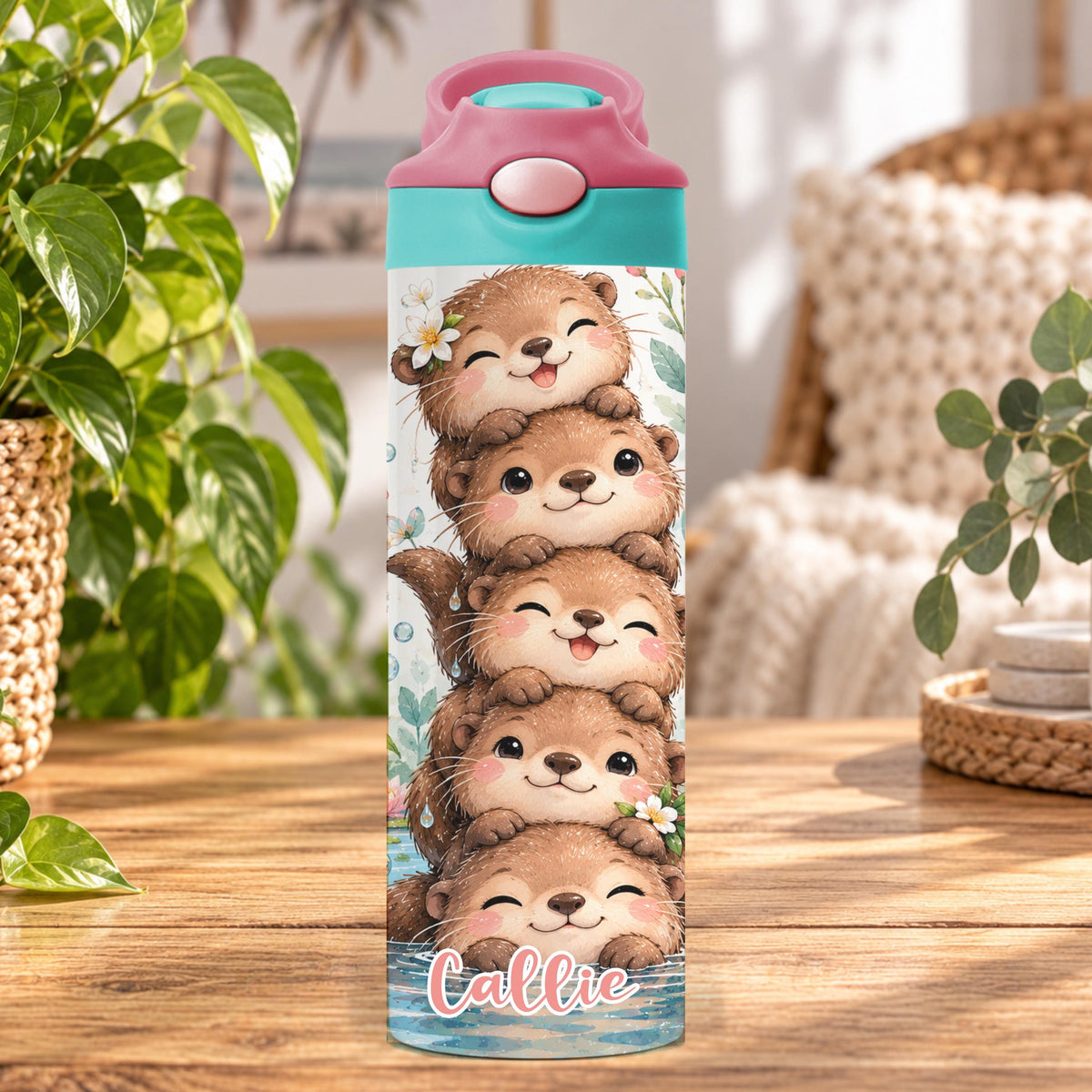 Personalised Otter Water Bottle, Insulated Kids Drink Bottle, Cute Otter Gift, Custom Name Stainless Steel Bottle, 20oz 24oz