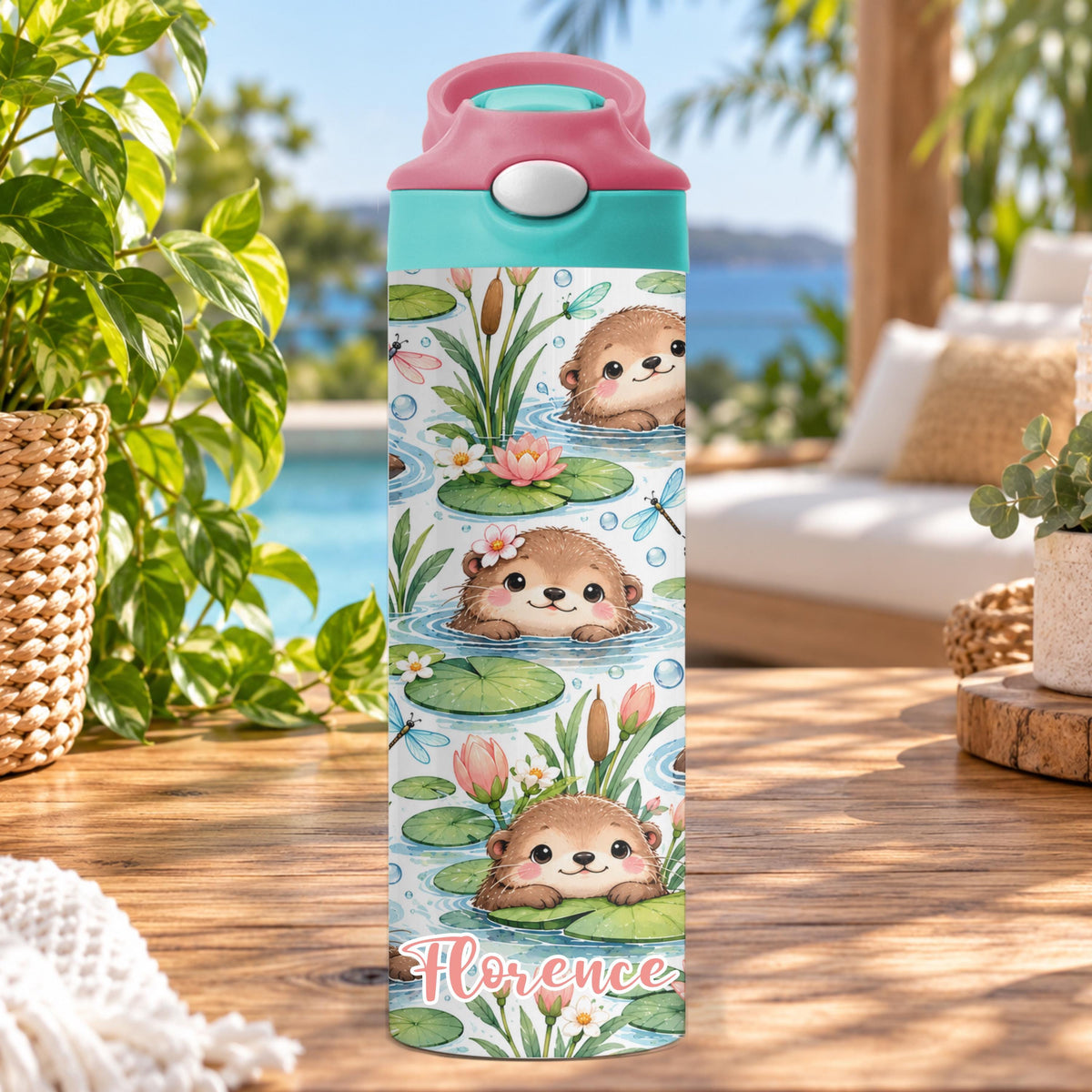 Personalised Swimming Otter Water Bottle, Insulated Kids Drink Bottle, Cute Otter Gift, Custom Name Stainless Steel Bottle, 20oz 24oz