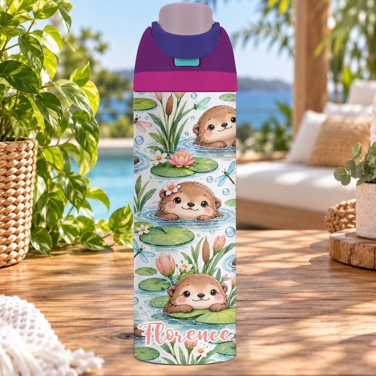 Personalised Swimming Otter Water Bottle, Insulated Kids Drink Bottle, Cute Otter Gift, Custom Name Stainless Steel Bottle, 20oz 24oz