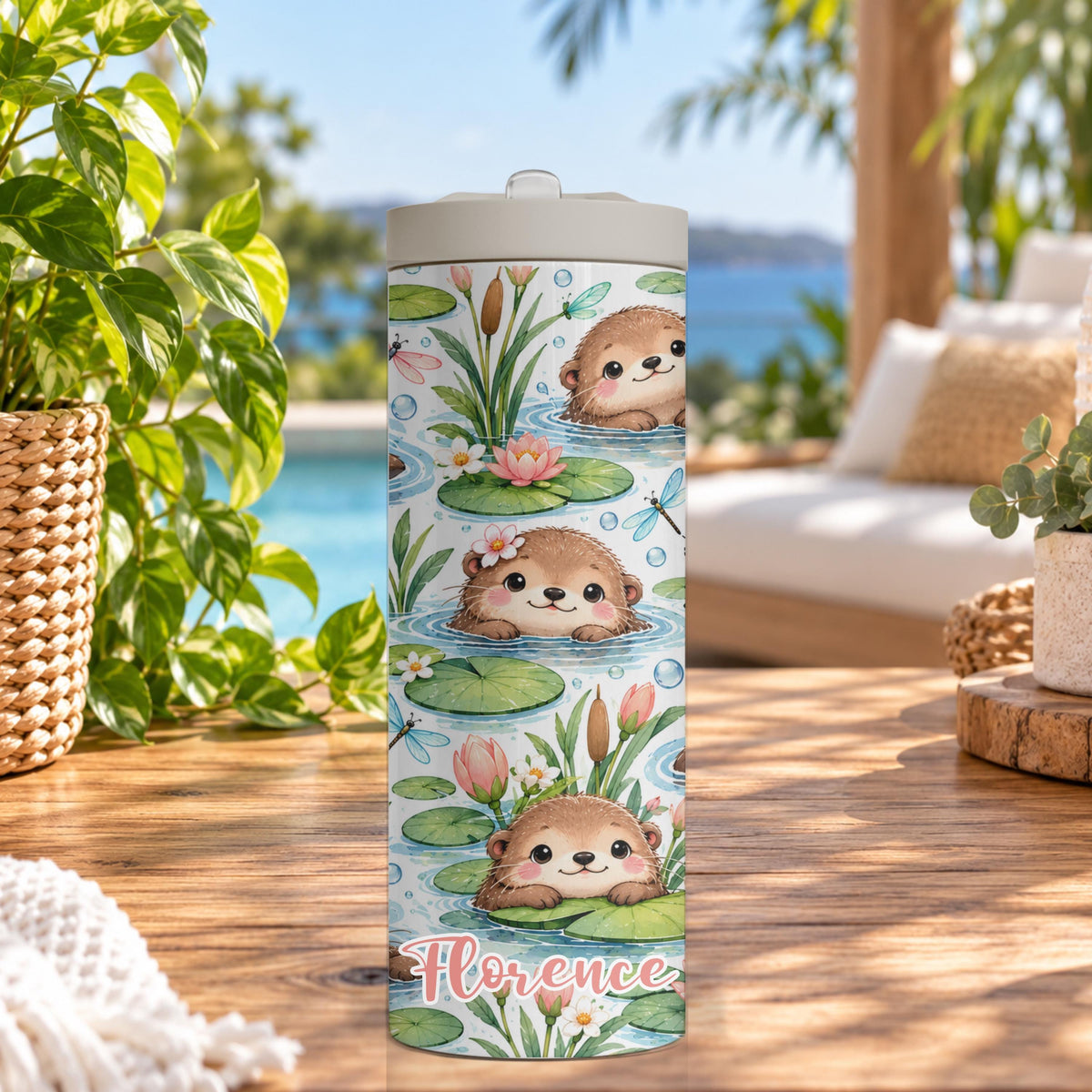 Personalised Swimming Otter Water Bottle, Insulated Kids Drink Bottle, Cute Otter Gift, Custom Name Stainless Steel Bottle, 20oz 24oz