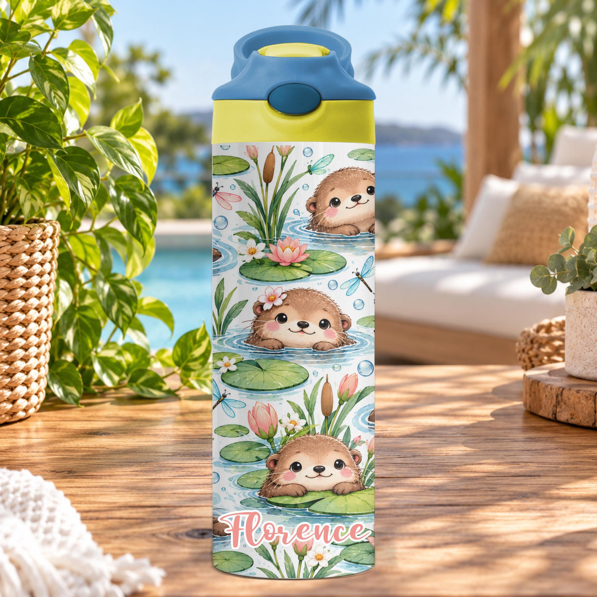 Personalised Swimming Otter Water Bottle, Insulated Kids Drink Bottle, Cute Otter Gift, Custom Name Stainless Steel Bottle, 20oz 24oz