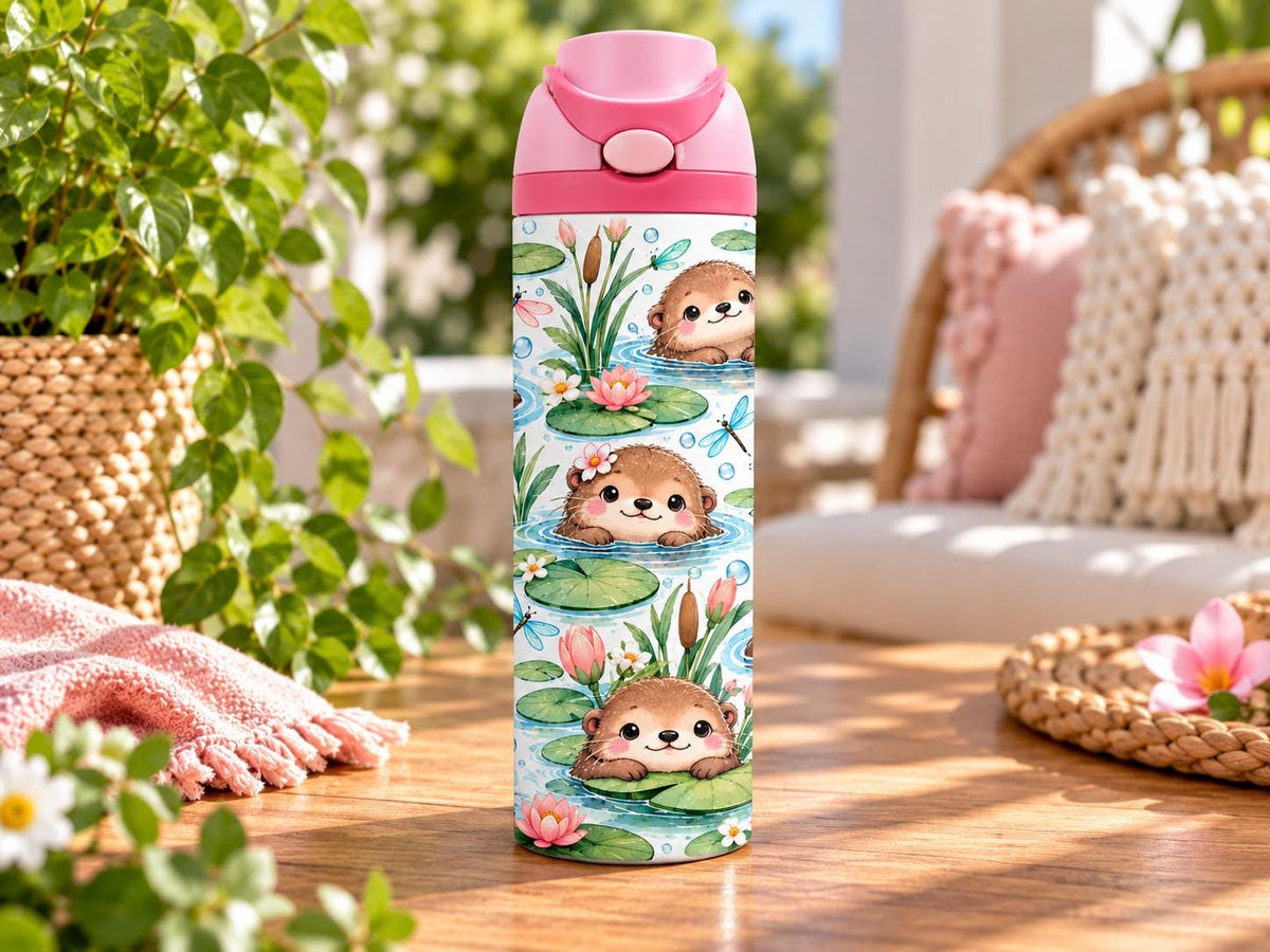 Personalised Swimming Otter Water Bottle, Insulated Kids Drink Bottle, Cute Otter Gift, Custom Name Stainless Steel Bottle, 20oz 24oz