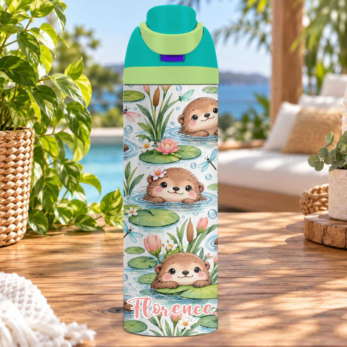 Personalised Swimming Otter Water Bottle, Insulated Kids Drink Bottle, Cute Otter Gift, Custom Name Stainless Steel Bottle, 20oz 24oz