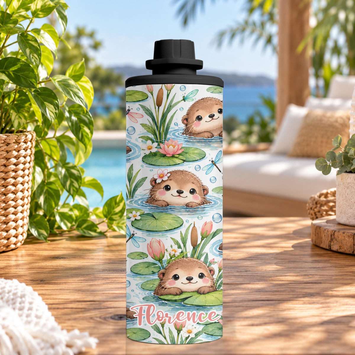 Personalised Swimming Otter Water Bottle, Insulated Kids Drink Bottle, Cute Otter Gift, Custom Name Stainless Steel Bottle, 20oz 24oz