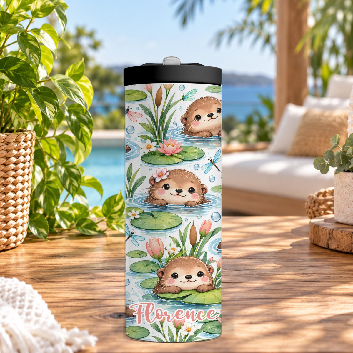 Personalised Swimming Otter Water Bottle, Insulated Kids Drink Bottle, Cute Otter Gift, Custom Name Stainless Steel Bottle, 20oz 24oz