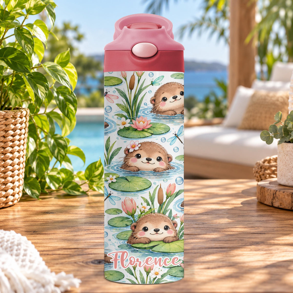 Personalised Swimming Otter Water Bottle, Insulated Kids Drink Bottle, Cute Otter Gift, Custom Name Stainless Steel Bottle, 20oz 24oz