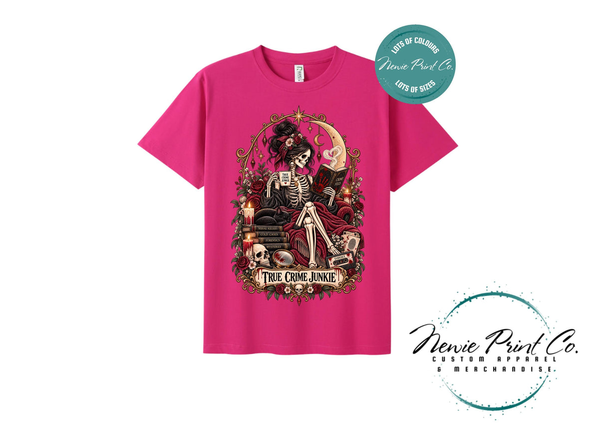 True Crime Junkie T-Shirt | Gothic Tarot Skeleton Tee | True Crime Podcast Lover Gift | Witchy Graphic Shirt | Dark Academia Clothing