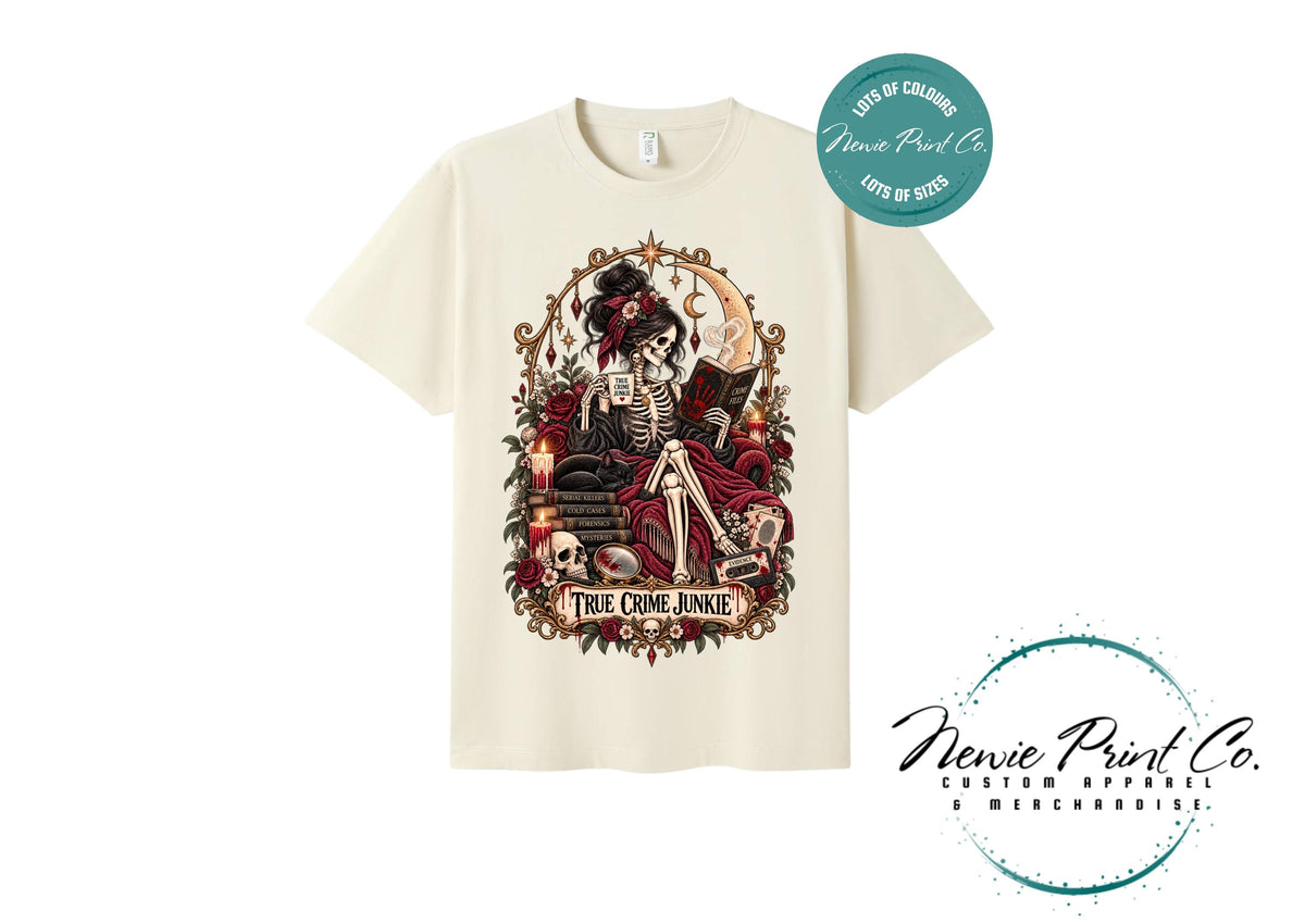 True Crime Junkie T-Shirt | Gothic Tarot Skeleton Tee | True Crime Podcast Lover Gift | Witchy Graphic Shirt | Dark Academia Clothing