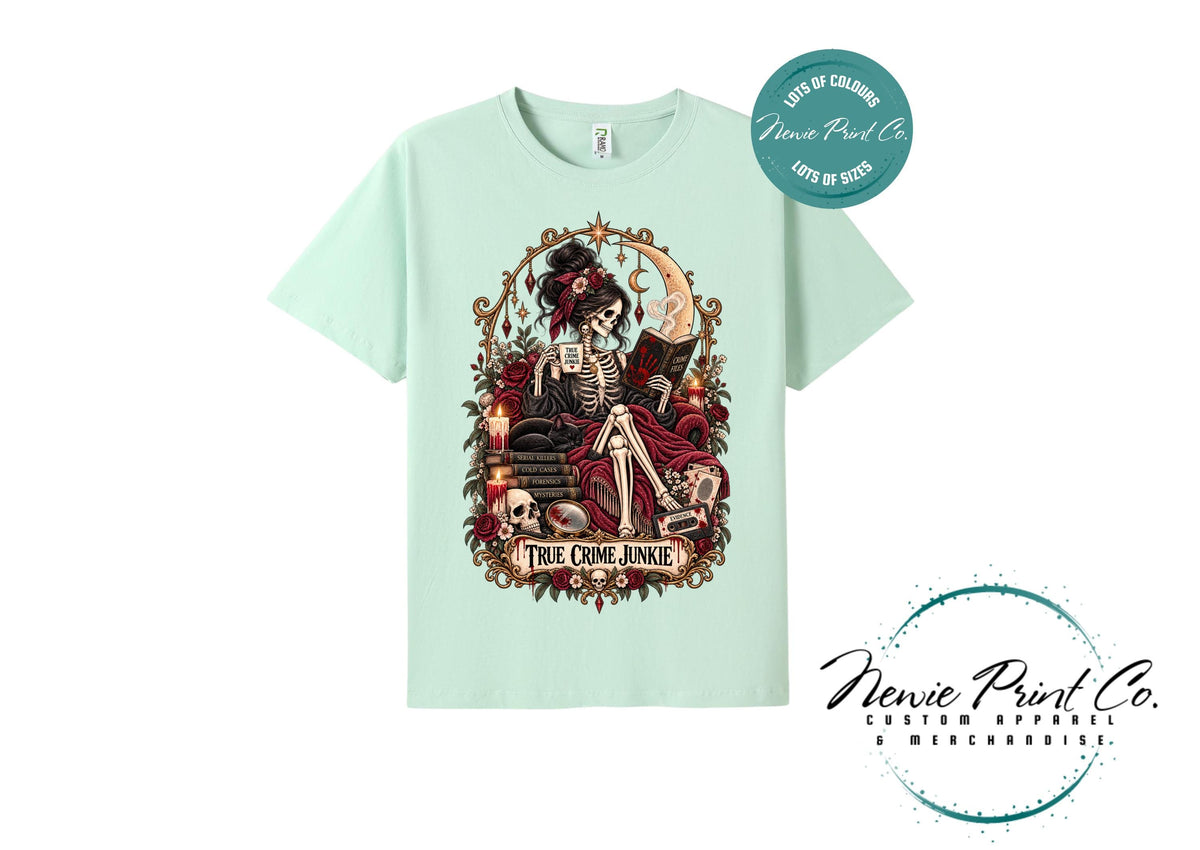 True Crime Junkie T-Shirt | Gothic Tarot Skeleton Tee | True Crime Podcast Lover Gift | Witchy Graphic Shirt | Dark Academia Clothing