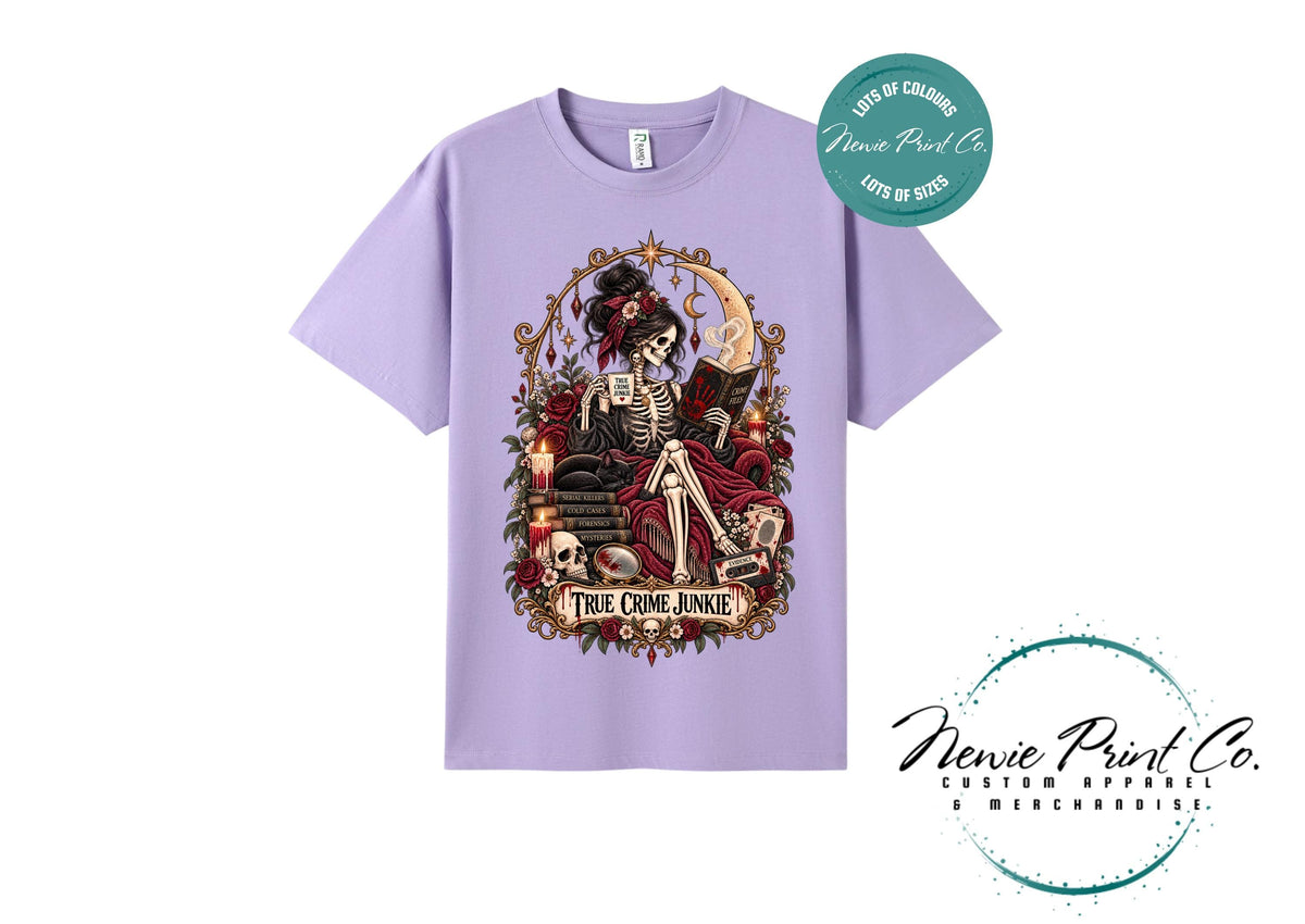 True Crime Junkie T-Shirt | Gothic Tarot Skeleton Tee | True Crime Podcast Lover Gift | Witchy Graphic Shirt | Dark Academia Clothing
