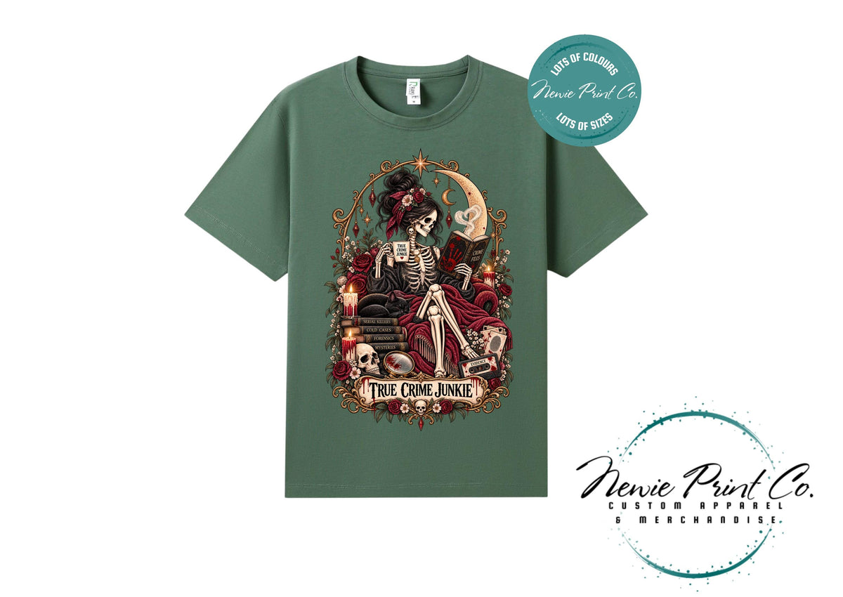 True Crime Junkie T-Shirt | Gothic Tarot Skeleton Tee | True Crime Podcast Lover Gift | Witchy Graphic Shirt | Dark Academia Clothing