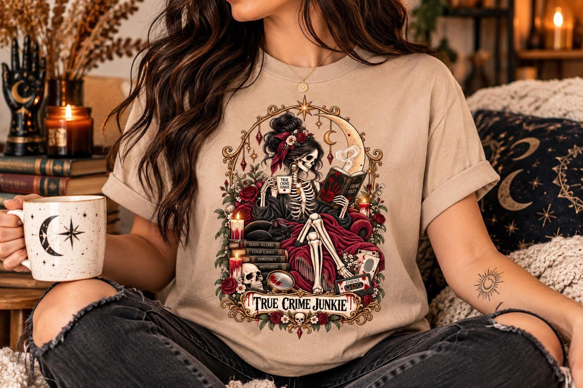 True Crime Junkie T-Shirt | Gothic Tarot Skeleton Tee | True Crime Podcast Lover Gift | Witchy Graphic Shirt | Dark Academia Clothing