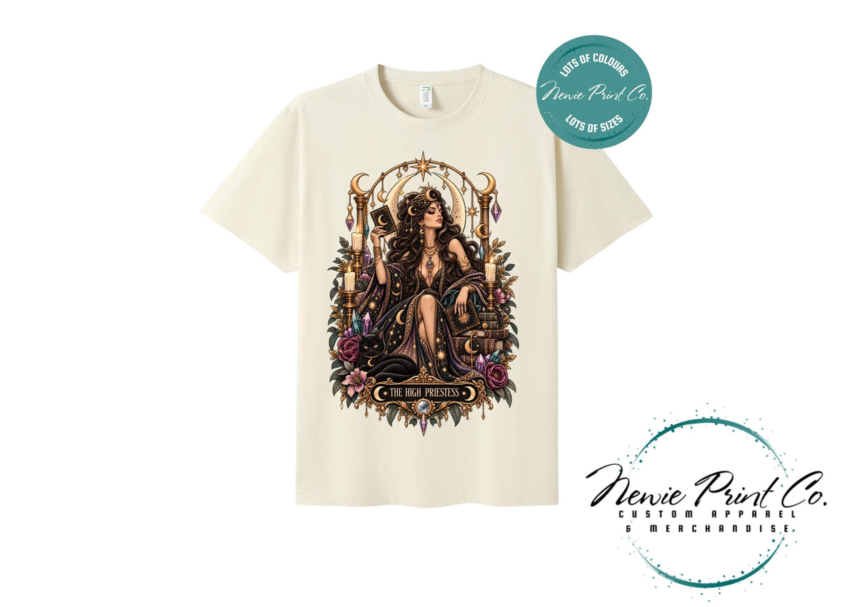 High Priestess Tarot T-Shirt, Witchy Graphic Tee, Gothic Celestial Shirt, Dark Academia Clothing, Mystical Gift for Her